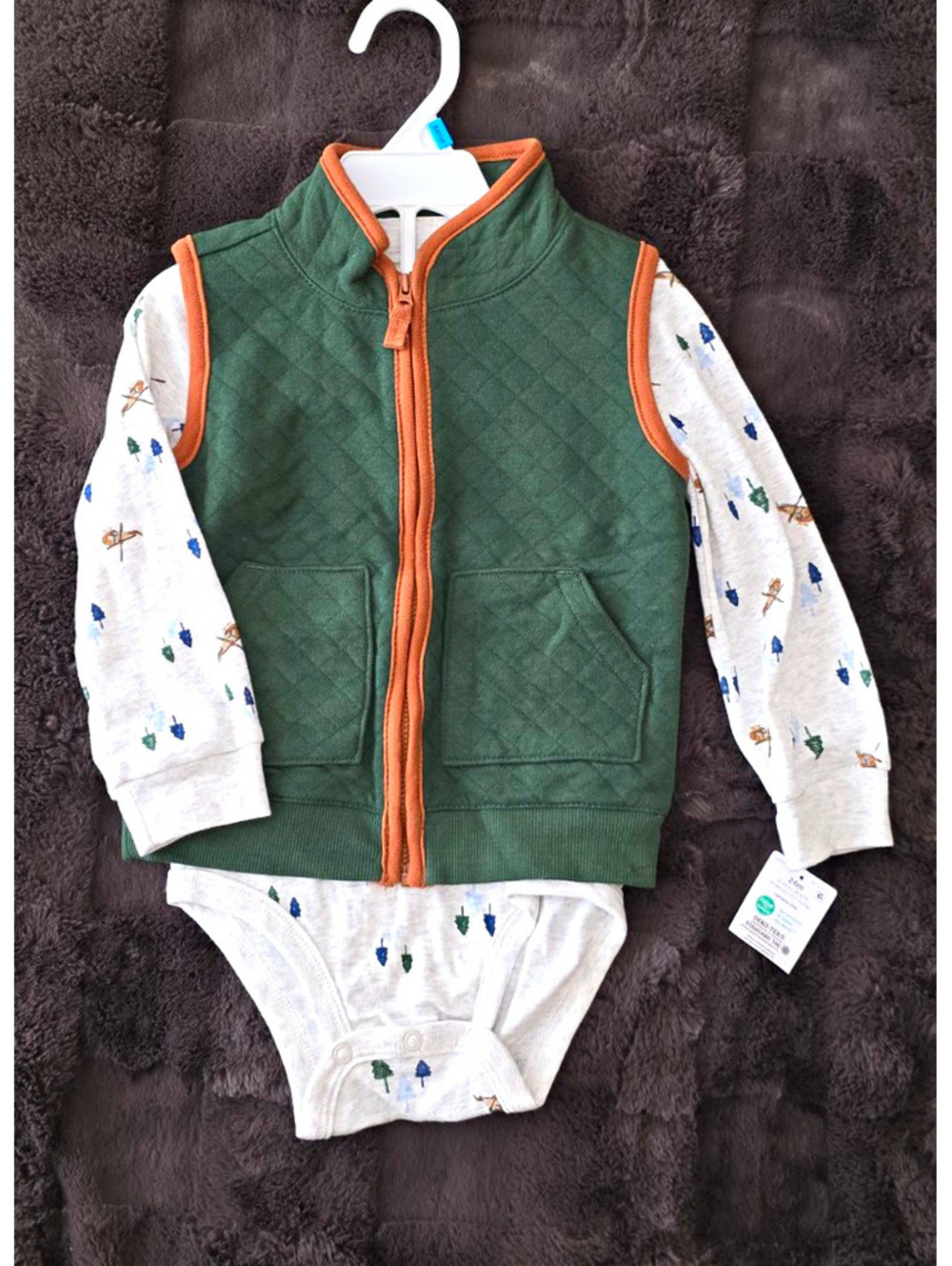 Carter's 18-24M 2pc Quilted Zip Vest & Long Sleeve Bodysuit Set Green Gray